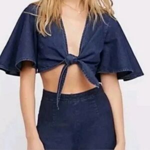Free People Denim Cropped Tie Front Short Sleeve Top Size 2